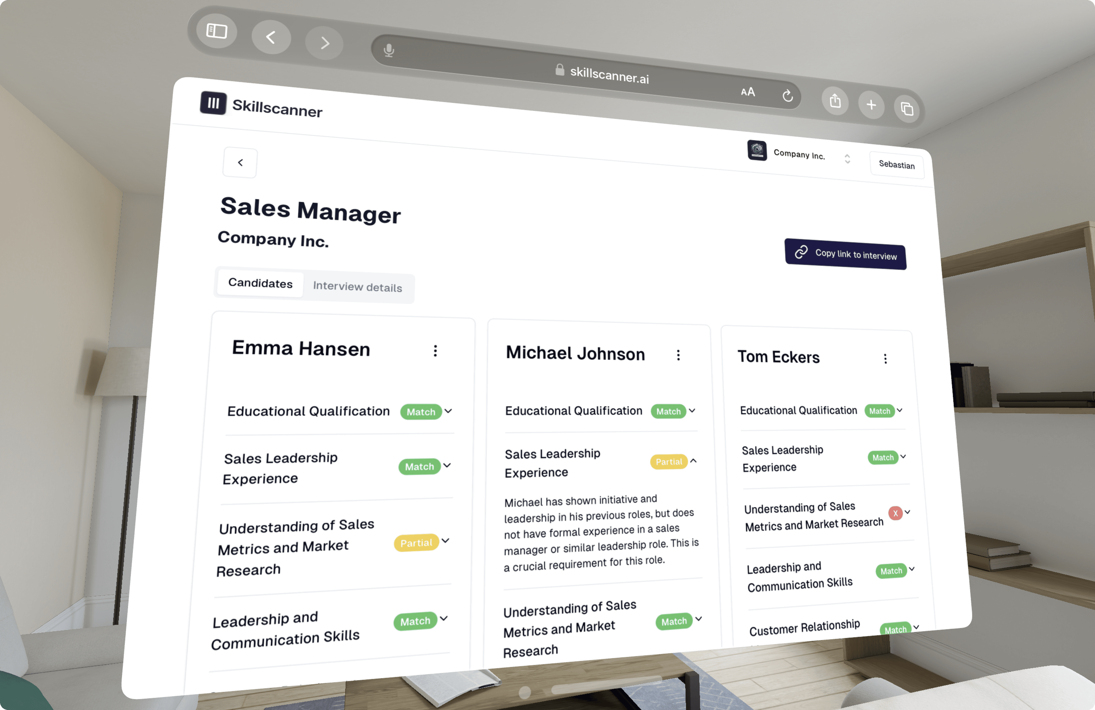 Skillscanner Dashboard on Vision Pro